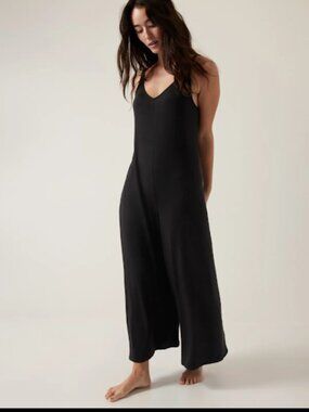 Athleta Nighttime Bliss V-Neck Wide Leg Jumpsuit Black L Large